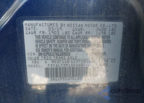 2019 Nissan Kicks Sr z USA, uszkodzony, nr VIN 3N1CP5CU7KL520533